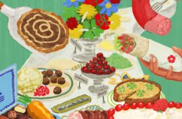 Illustration på ett smörgåsbord med olika maträtter på. Även samtliga partinamn syns på bordet.