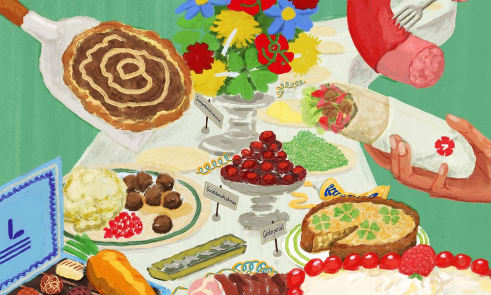 Illustration på ett smörgåsbord med olika maträtter på. Även samtliga partinamn syns på bordet.