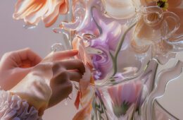 Illustration av en person i profil och en oregelbunden vas med blommor