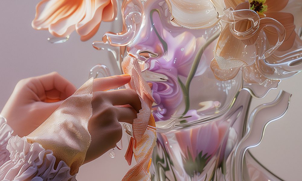Illustration av en person i profil och en oregelbunden vas med blommor