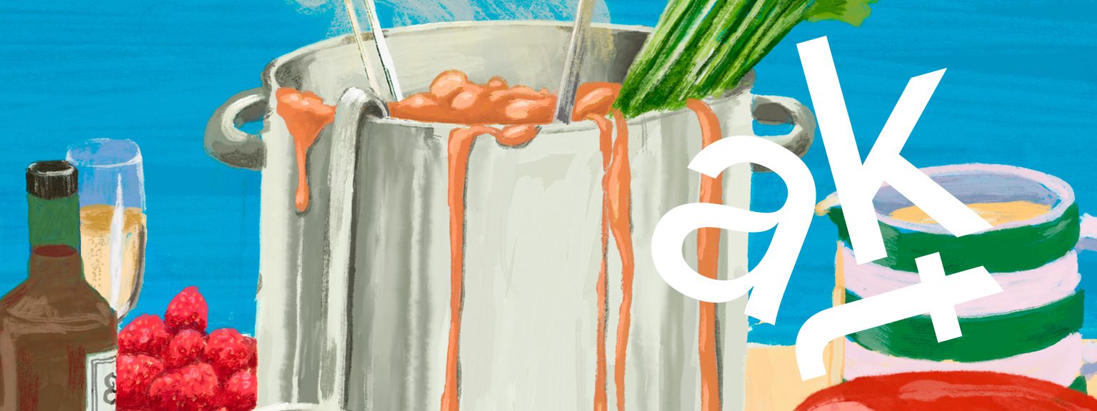 Illustration som visar ett bord med olika ingredienser och en stor kastrull med en termometer i. På termometern finns samtliga partinamn.